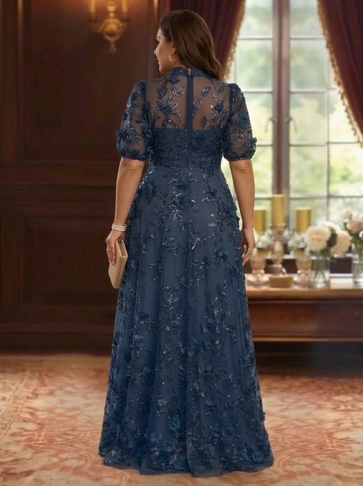 A-Line/Princess V-Neck Plus Size Mother of the Bride Dresses 3D Flowers Embroidery Floor-Length Short Sleeves