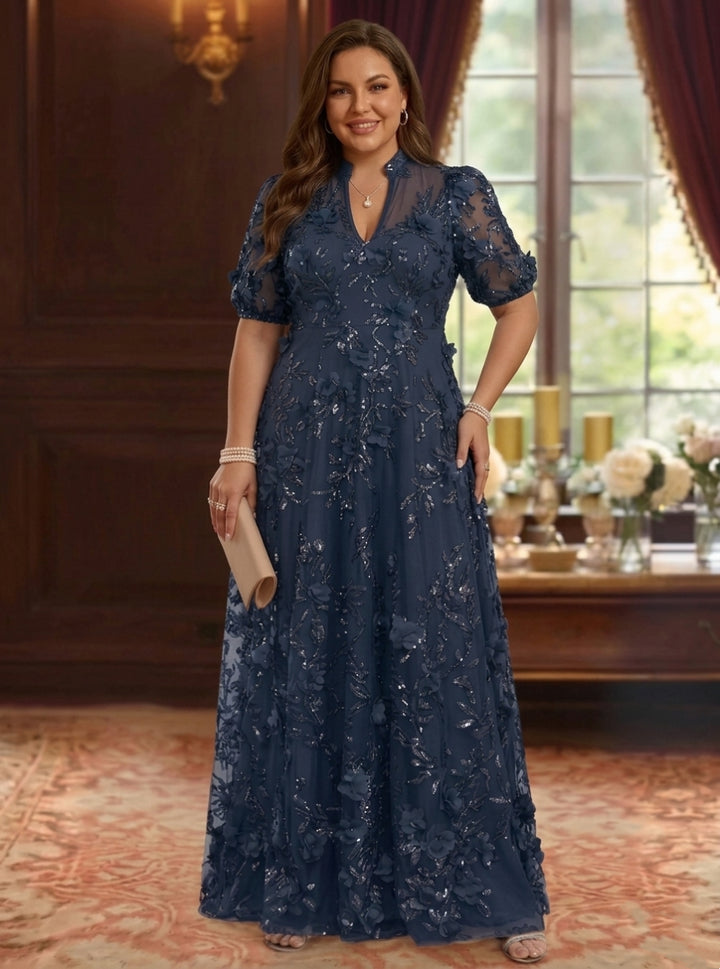 A-Line/Princess V-Neck Plus Size Mother of the Bride Dresses 3D Flowers Embroidery Floor-Length Short Sleeves