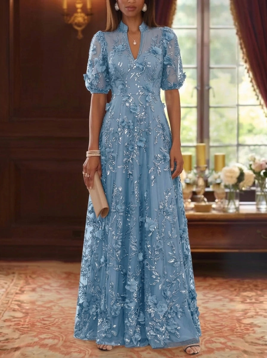 A-Line/Princess V-Neck Mother of the Bride Dresses 3D Flowers Embroidery Floor-Length Short Sleeves