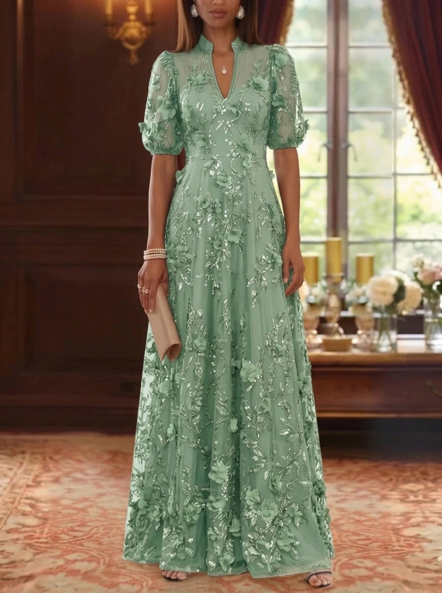 A-Line/Princess V-Neck Mother of the Bride Dresses 3D Flowers Embroidery Floor-Length Short Sleeves