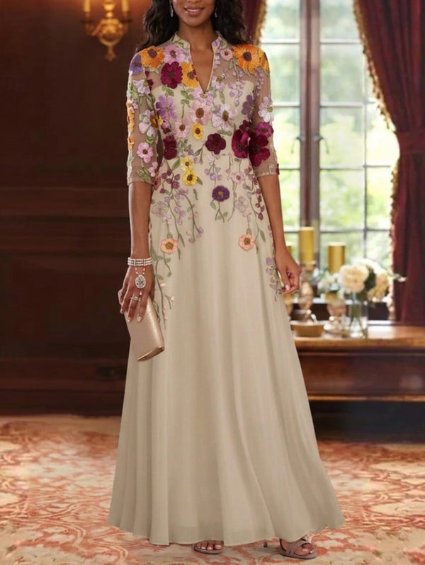 A-Line/Princess V-Neck Chiffon Mother of the Bride Dresses Lace Floral Floor-Length Half Sleeves