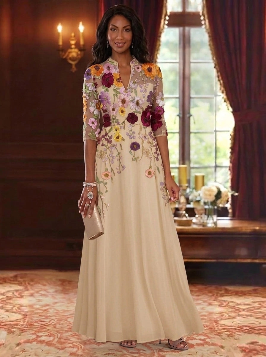 A-Line/Princess V-Neck Chiffon Mother of the Bride Dresses Lace Floral Floor-Length Half Sleeves