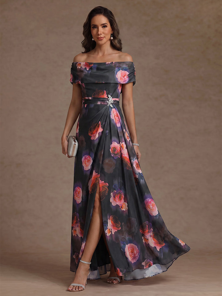 A-Line/Princess Off-the-Shoulder Floral Chiffon Mother of the Bride Dress Ankle-Length Sleeveless with Split Side