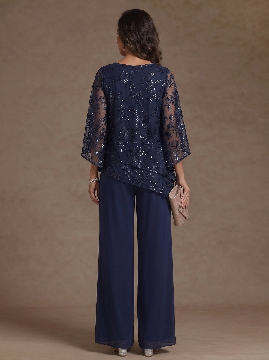 2 Pieces Scoop Chiffon Mother of the Bride Pantsuits Floral Sequins Floor-Length 3/4 Sleeves