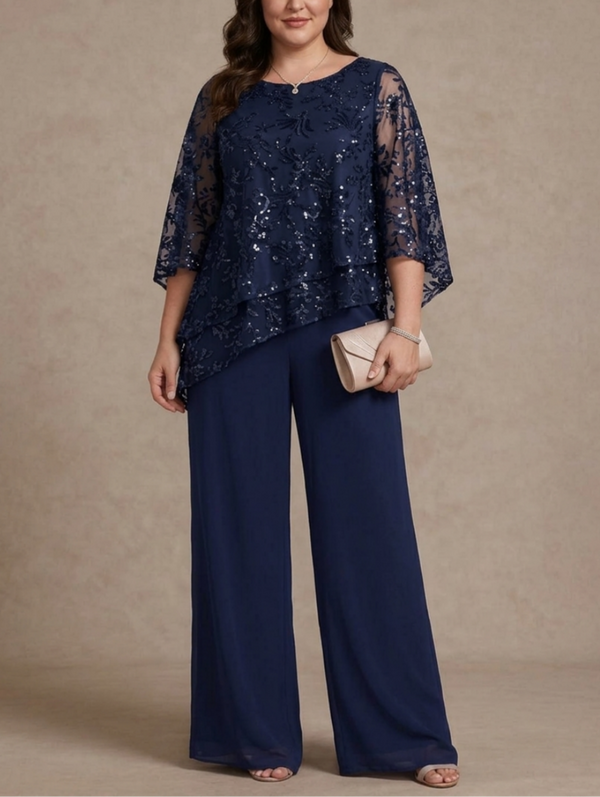 2 Pieces Scoop Chiffon Plus Size Mother of the Bride Pantsuits Floral Sequins Floor-Length 3/4 Sleeves