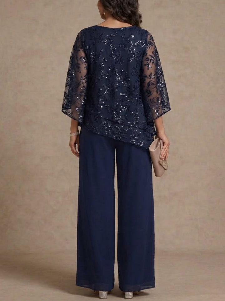 2 Pieces Scoop Chiffon Plus Size Mother of the Bride Pantsuits Floral Sequins Floor-Length 3/4 Sleeves