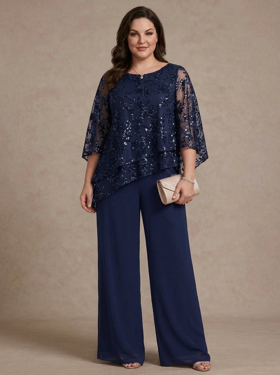 2 Pieces Scoop Chiffon Plus Size Mother of the Bride Pantsuits Floral Sequins Floor-Length 3/4 Sleeves