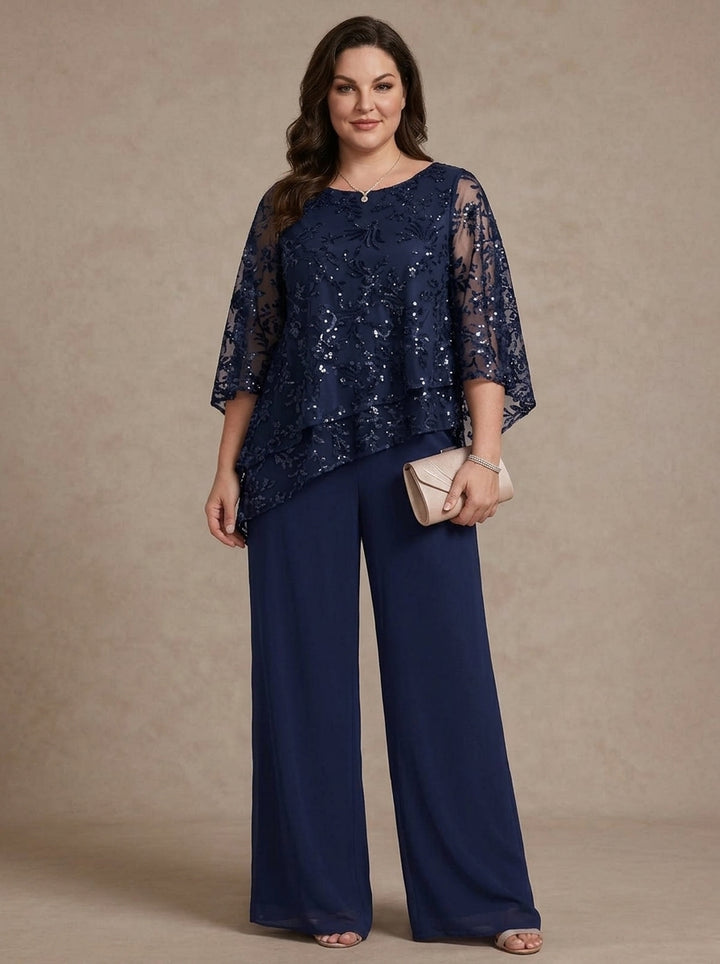 2 Pieces Scoop Chiffon Plus Size Mother of the Bride Pantsuits Floral Sequins Floor-Length 3/4 Sleeves