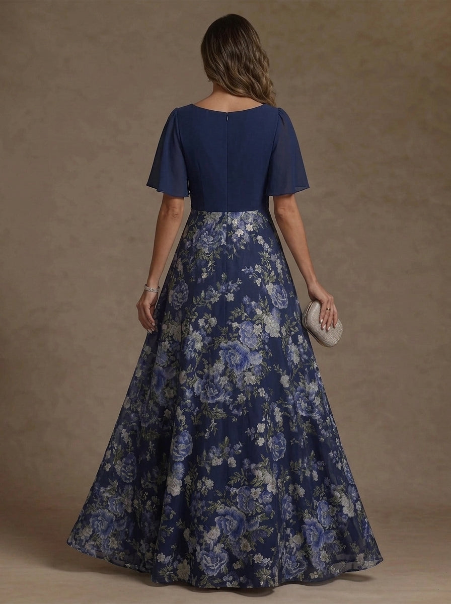 A-Line/Princess V-Neck Chiffon Mother of the Bride Dress Floor-Length Short Sleeves Floral