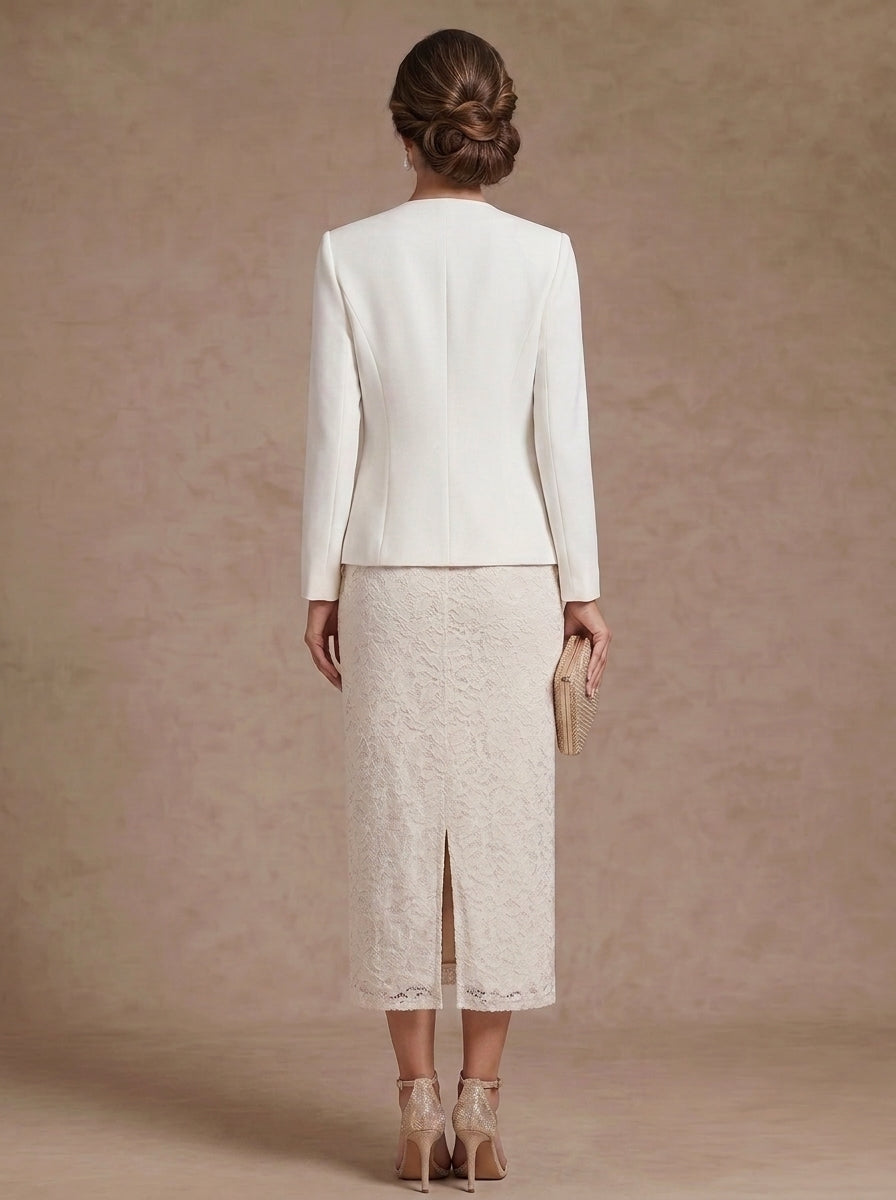 Sheath/Column Sweetheart Stretch Satin Mother of the Bride Dresses with Jacket Lace Long Sleeves Tea-Length