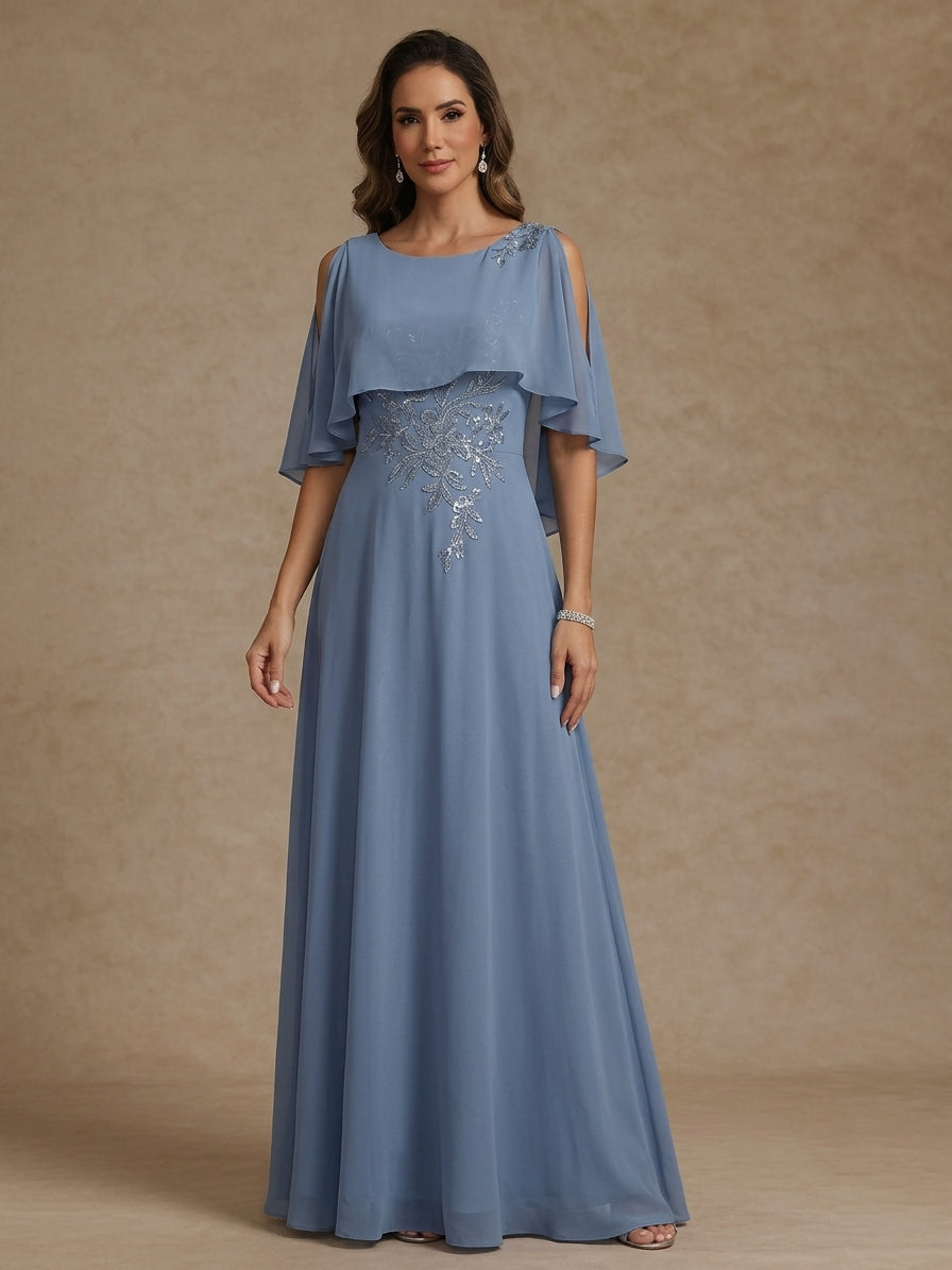 A-Line/Princess Scoop Chiffon Mother of the Bride Dresses Floor-Length Cape Sleeves Floral Sequins