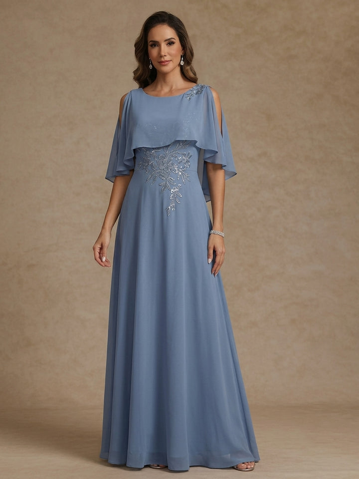 A-Line/Princess Scoop Chiffon Mother of the Bride Dresses Floor-Length Cape Sleeves Floral Sequins