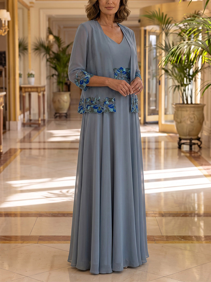 2 Pieces A-Line/Princess V-Neck Chiffon Mother of the Bride Dresses Floral Floor-Length 3/4 Sleeves