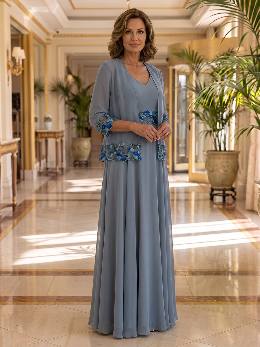 2 Pieces A-Line/Princess V-Neck Chiffon Mother of the Bride Dresses Floral Floor-Length 3/4 Sleeves