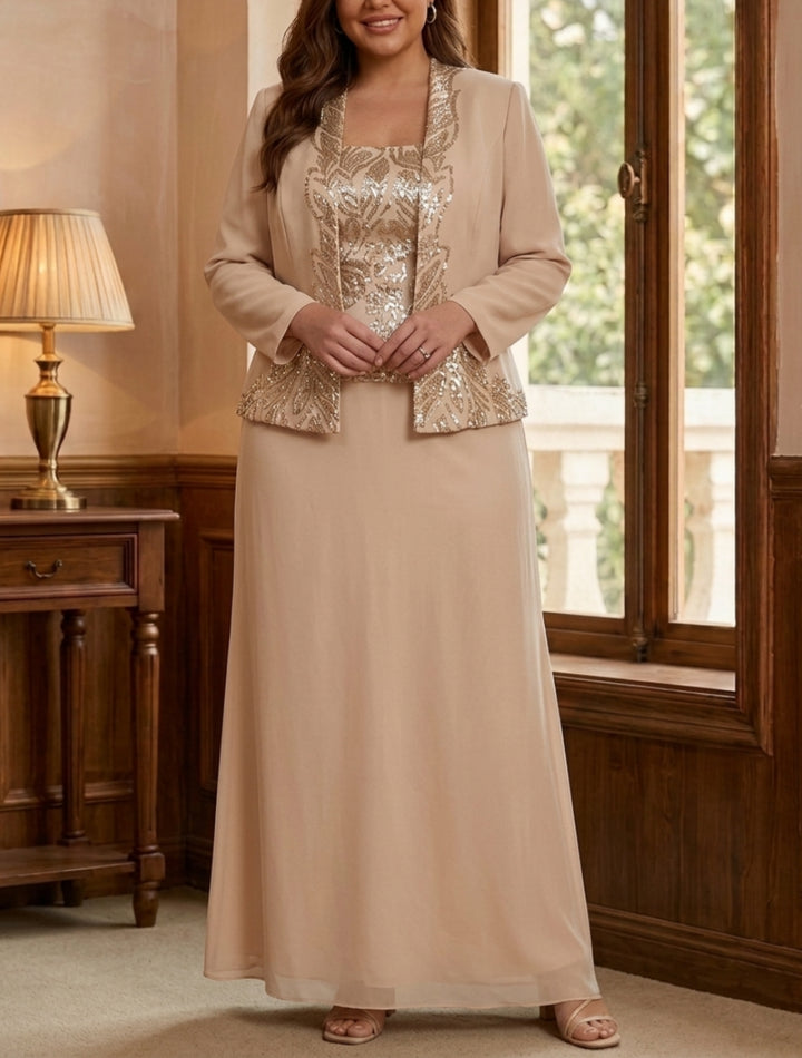 Sheath/Column 2 Pieces Scoop Chiffon Plus Size Mother of the Bride Dresses Sequins Ankle-Length Long Sleeves with Jacket