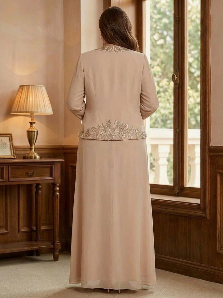 Sheath/Column 2 Pieces Scoop Chiffon Plus Size Mother of the Bride Dresses Sequins Ankle-Length Long Sleeves with Jacket