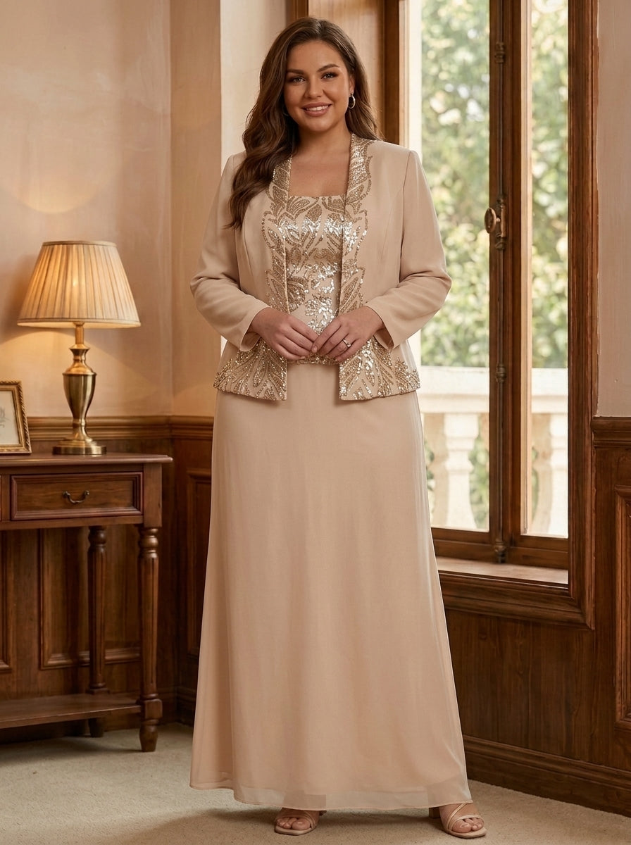 Sheath/Column 2 Pieces Scoop Chiffon Plus Size Mother of the Bride Dresses Sequins Ankle-Length Long Sleeves with Jacket