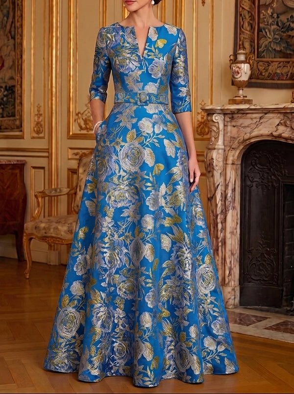 A-Line/Princess V-Neck Jacquard Mother of the Bride Dresses Floor-Length 3/4 Sleeves with Belt