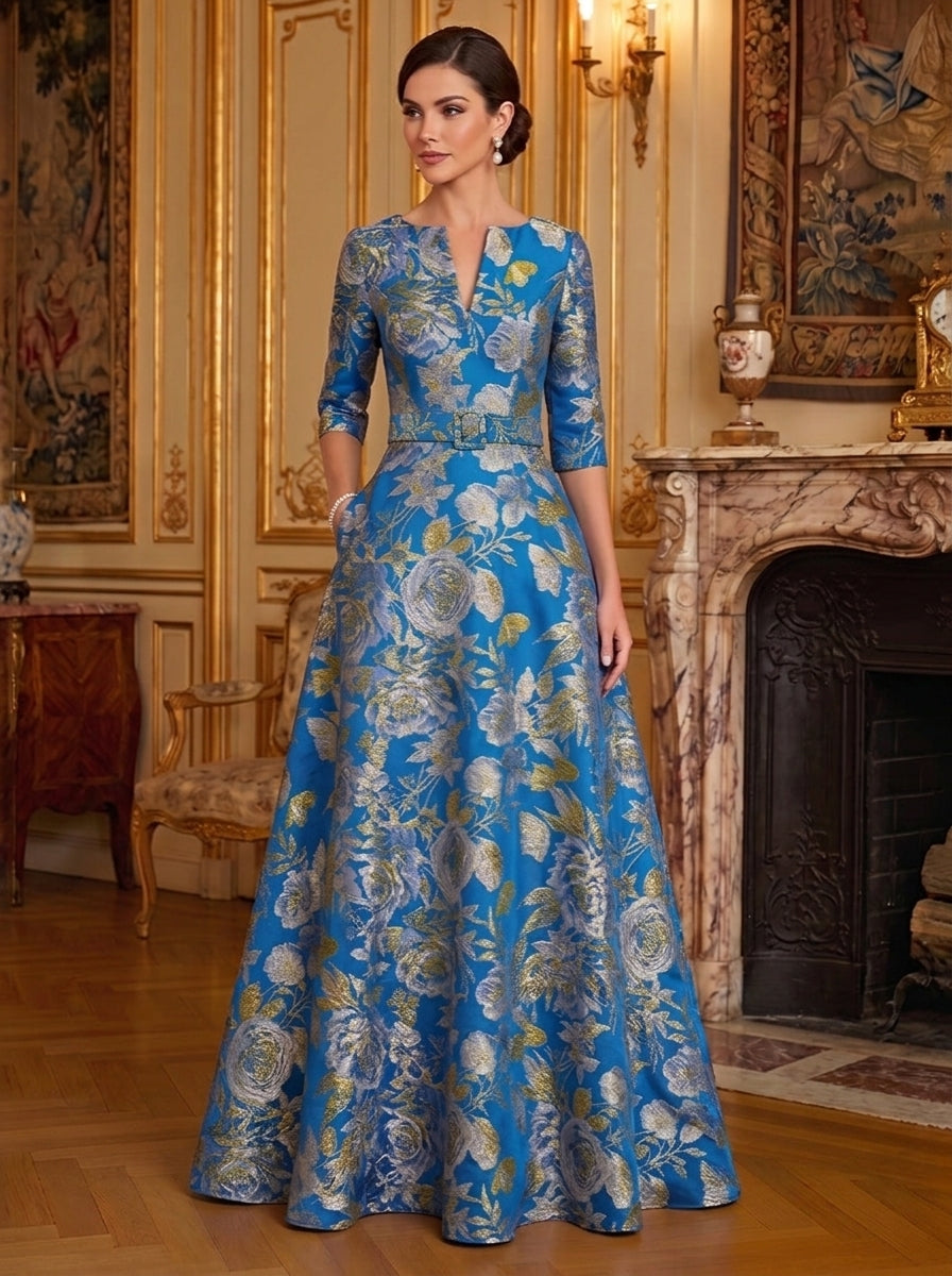 A-Line/Princess V-Neck Jacquard Mother of the Bride Dresses Floor-Length 3/4 Sleeves with Belt