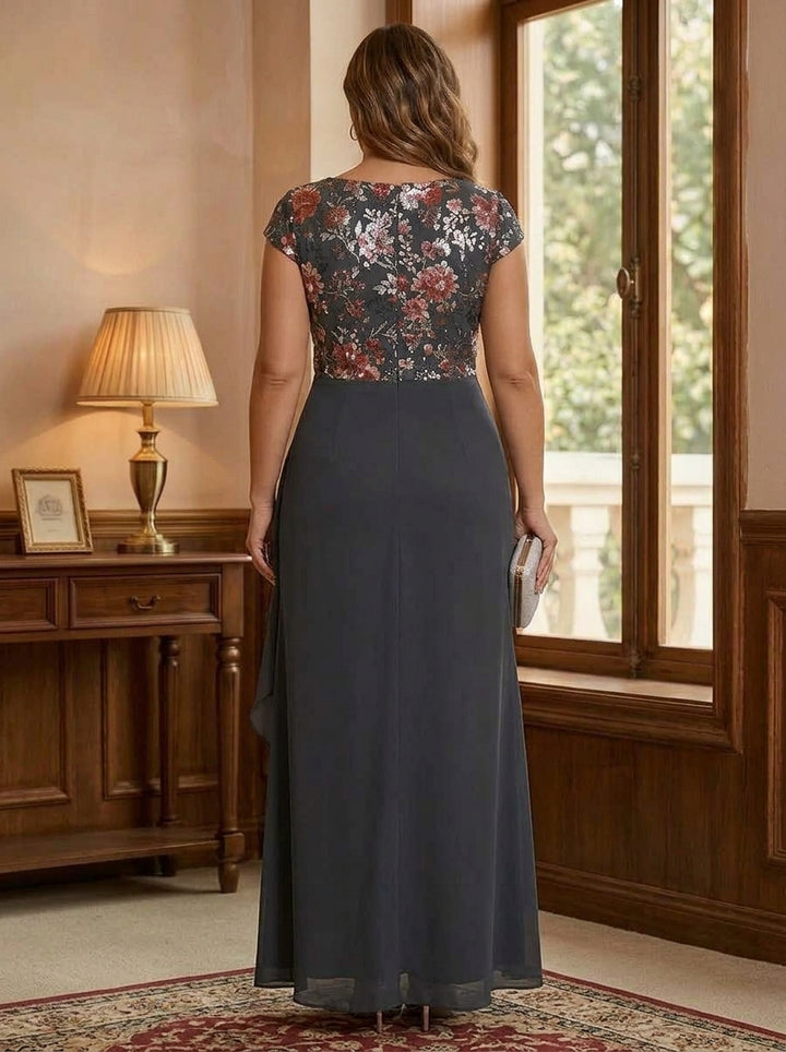 A-Line/Princess Asymmetrical Collar Chiffon Plus Size Mother of the Bride Dresses Ankle-Length Short Sleeves Floral