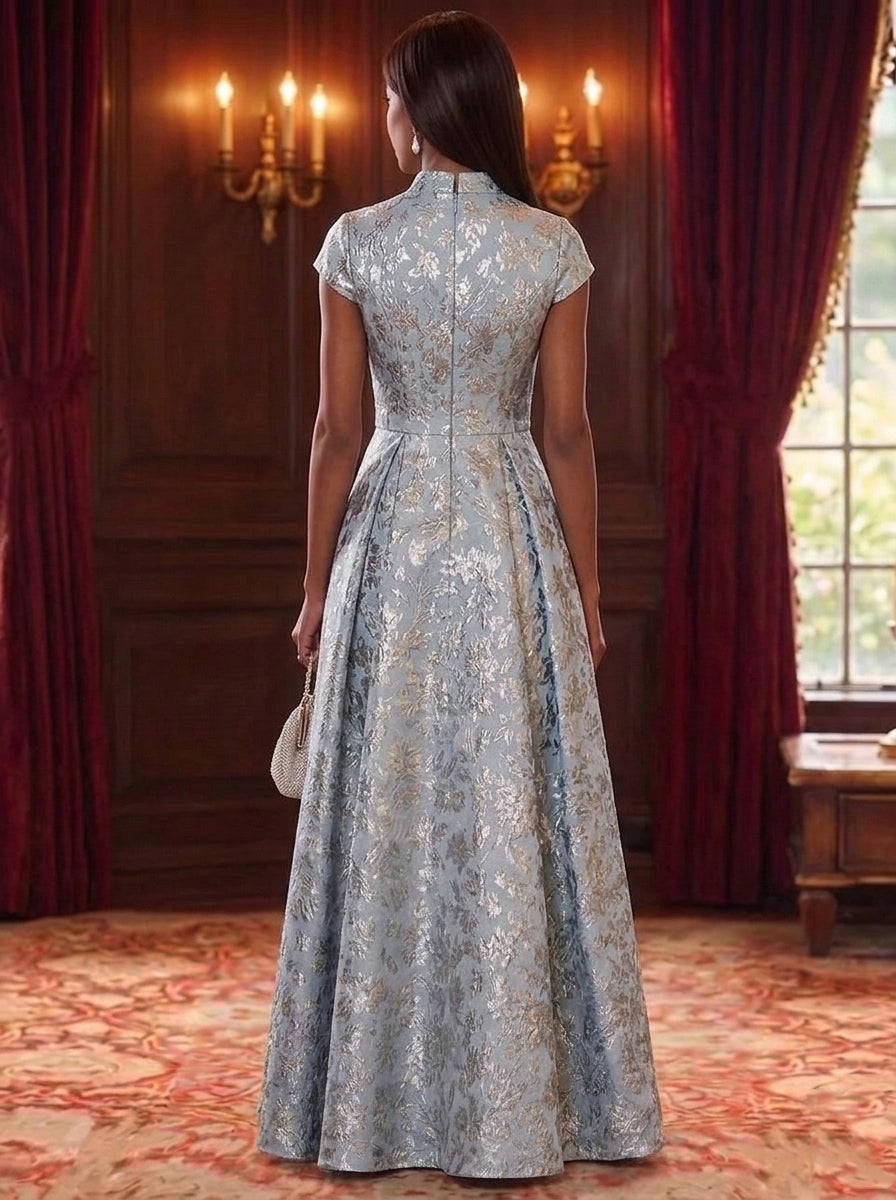 A-Line/Princess V-Neck Jacquard Mother of the Bride Dresses Floor-Length Floral Cap Sleeves