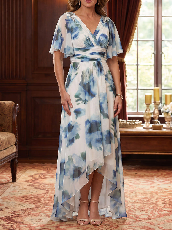 A-Line/Princess V-Neck Floral Chiffon Mother of the Bride Dresses Tea-Length High-Low Short Sleeves