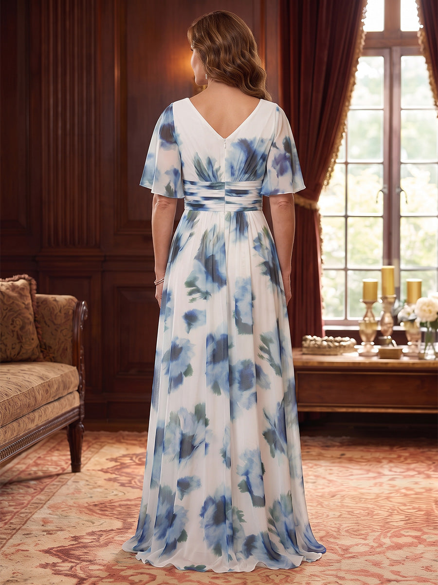 A-Line/Princess V-Neck Floral Chiffon Mother of the Bride Dresses Tea-Length High-Low Short Sleeves