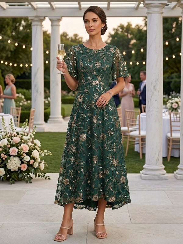 A-Line/Princess Scoop Chiffon Mother of the Bride Dresses Tea-Length Short Sleeves Floral Sequins
