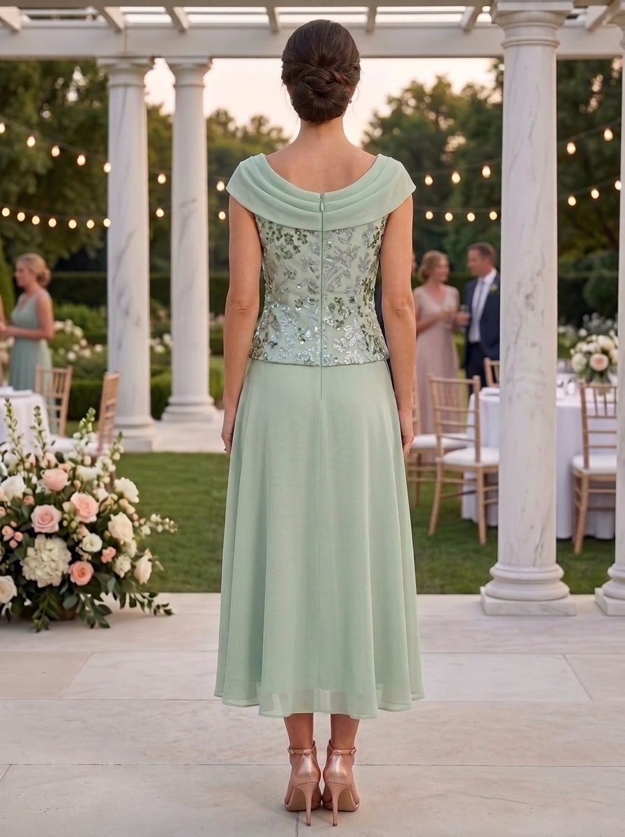A-Line/Princess Cowl Neck Chiffon Mother of the Bride Dresses Tea-Length Sleeveless Floral Sequins