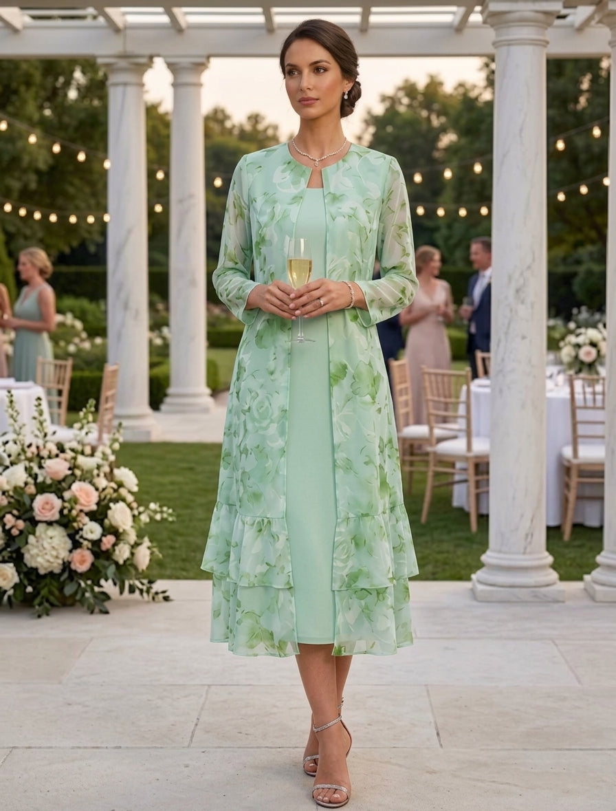 A-Line/Princess Scoop Chiffon Mother of the Bride Dresses with Jacket Floral Tea-Length Long Sleeves Ruffles