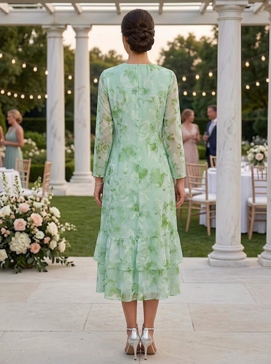 A-Line/Princess Scoop Chiffon Mother of the Bride Dresses with Jacket Floral Tea-Length Long Sleeves Ruffles