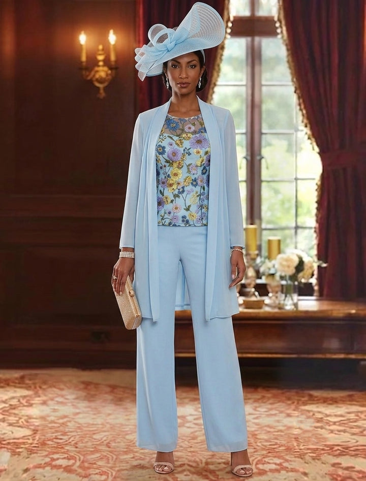 3 Pieces Scoop Chiffon Mother of the Bride Pantsuits with Jacket Ankle-Length Long Sleeves Floral