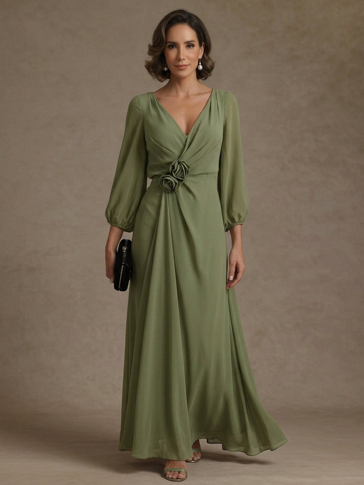 A-Line/Princess V-Neck Chiffon Mother of the Bride Dresses Ankle-Length Long Sleeves with 3D Flowers