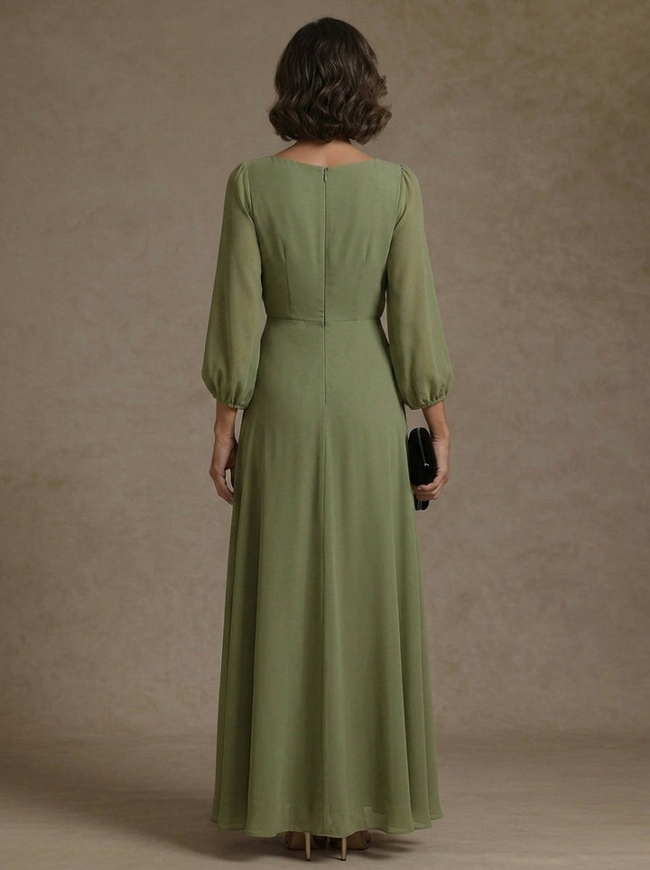A-Line/Princess V-Neck Chiffon Mother of the Bride Dresses Ankle-Length Long Sleeves with 3D Flowers