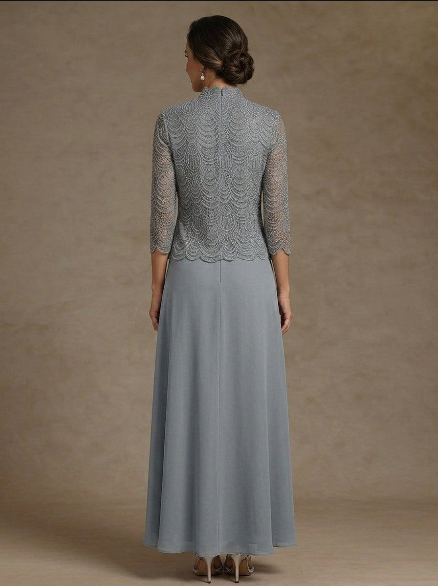 2 Pieces A-Line/Princess Scoop Chiffon Mother of the Bride Dresses Ankle-Length 3/4 Sleeves&Sleeveless with Lace Jacket