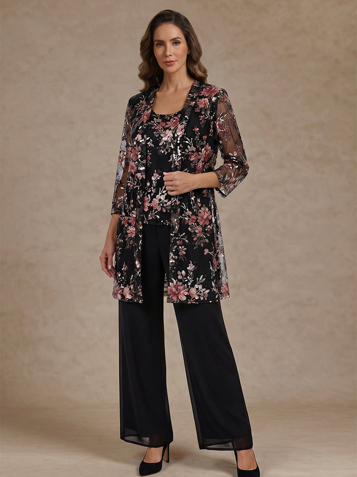 3 Pieces Scoop Chiffon Mother of the Bride Pantsuit Floral Ankle-Length 3/4 Sleeves&Sleeveless with Jacket