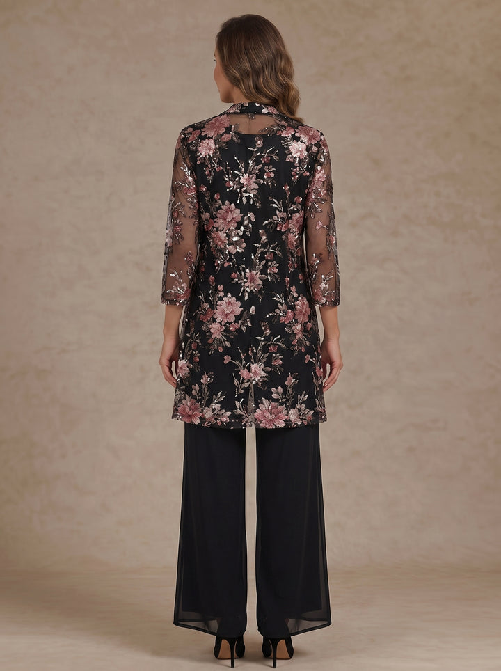 3 Pieces Scoop Chiffon Mother of the Bride Pantsuit Floral Ankle-Length 3/4 Sleeves&Sleeveless with Jacket