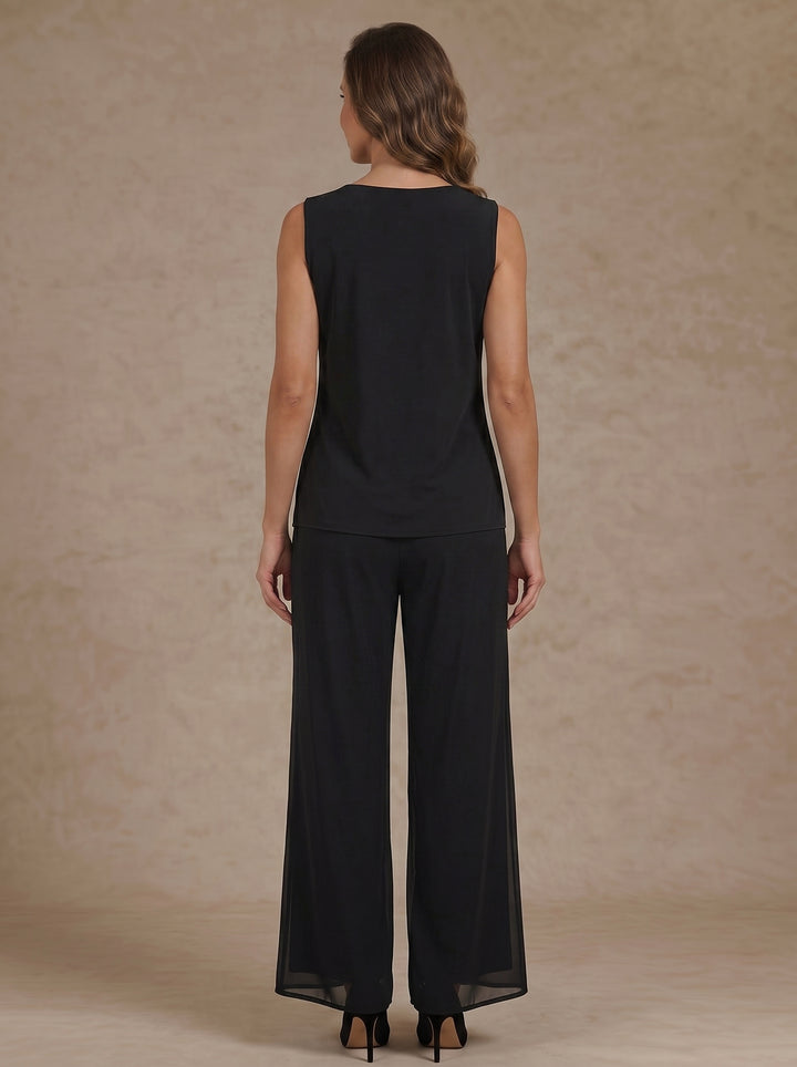 3 Pieces Scoop Chiffon Mother of the Bride Pantsuit Floral Ankle-Length 3/4 Sleeves&Sleeveless with Jacket