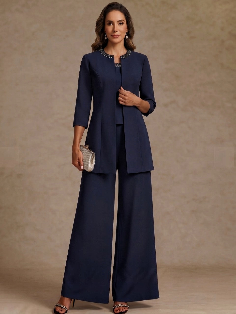 3 Pieces Scoop Chiffon Mother of the Bride Pantsuit Ankle-Length 3/4 Sleeves&Sleeveless Rhinestones with Jacket