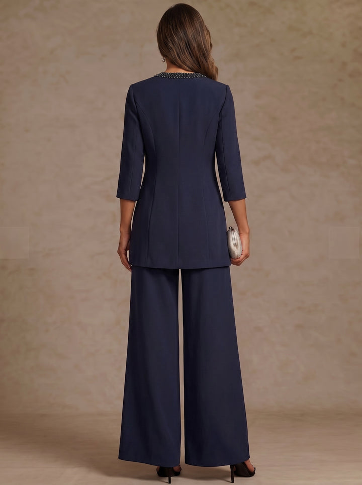 3 Pieces Scoop Chiffon Mother of the Bride Pantsuit Ankle-Length 3/4 Sleeves&Sleeveless Rhinestones with Jacket