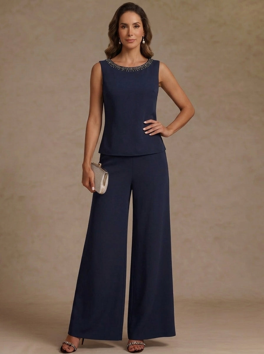 3 Pieces Scoop Chiffon Mother of the Bride Pantsuit Ankle-Length 3/4 Sleeves&Sleeveless Rhinestones with Jacket