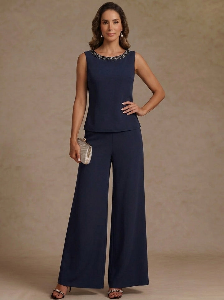 3 Pieces Scoop Chiffon Mother of the Bride Pantsuit Ankle-Length 3/4 Sleeves&Sleeveless Rhinestones with Jacket