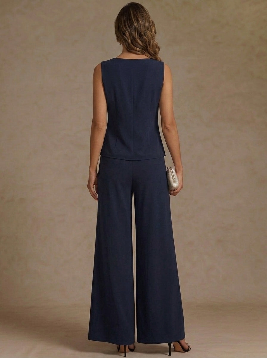 3 Pieces Scoop Chiffon Mother of the Bride Pantsuit Ankle-Length 3/4 Sleeves&Sleeveless Rhinestones with Jacket