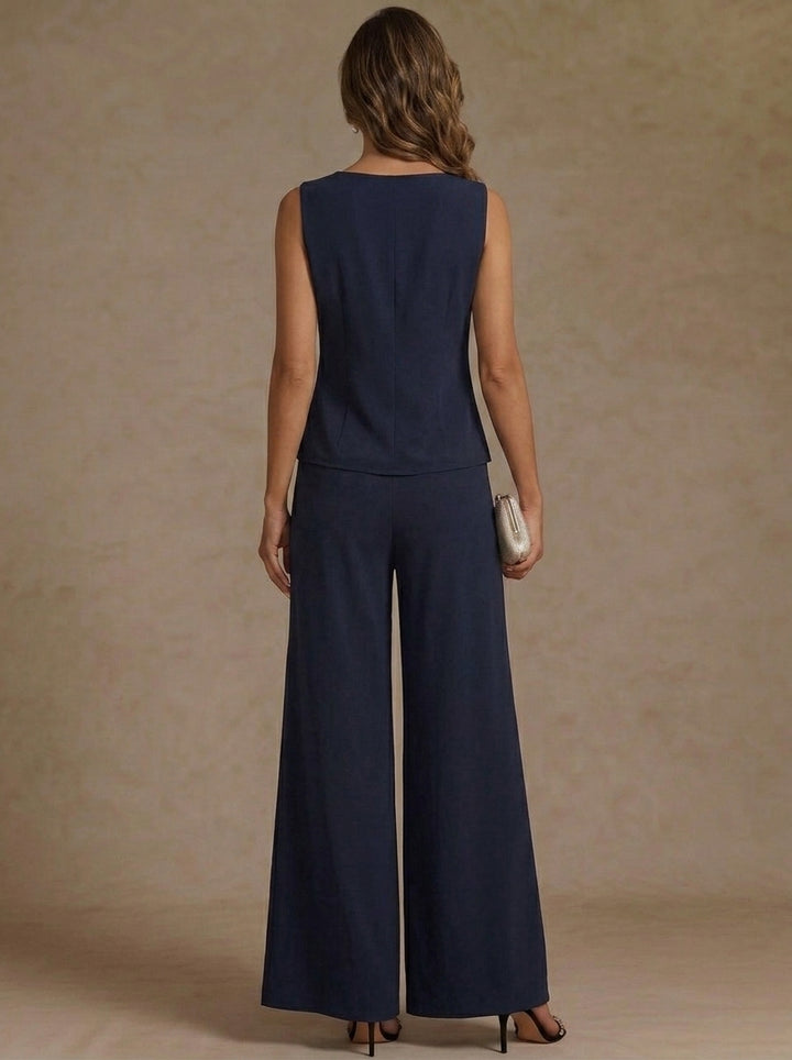 3 Pieces Scoop Chiffon Mother of the Bride Pantsuit Ankle-Length 3/4 Sleeves&Sleeveless Rhinestones with Jacket
