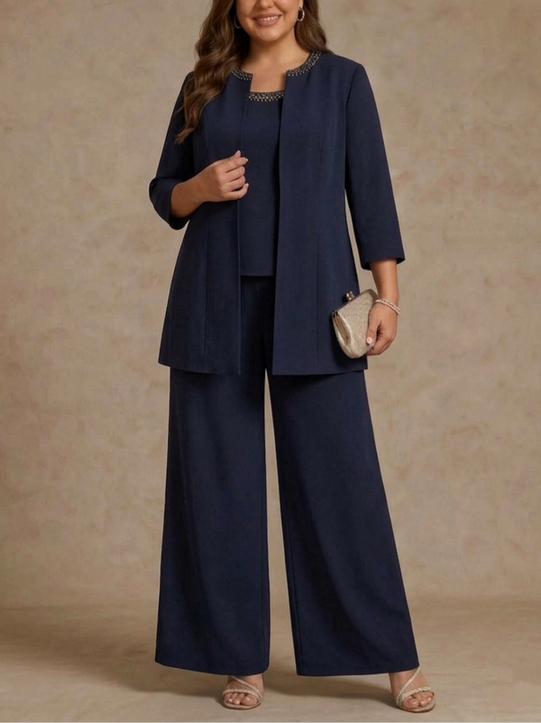 3 Pieces Scoop Chiffon Plus Size Mother of the Bride Pantsuit Ankle-Length 3/4 Sleeves&Sleeveless Rhinestones with Jacket