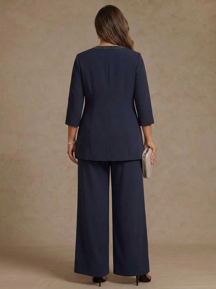 3 Pieces Scoop Chiffon Plus Size Mother of the Bride Pantsuit Ankle-Length 3/4 Sleeves&Sleeveless Rhinestones with Jacket