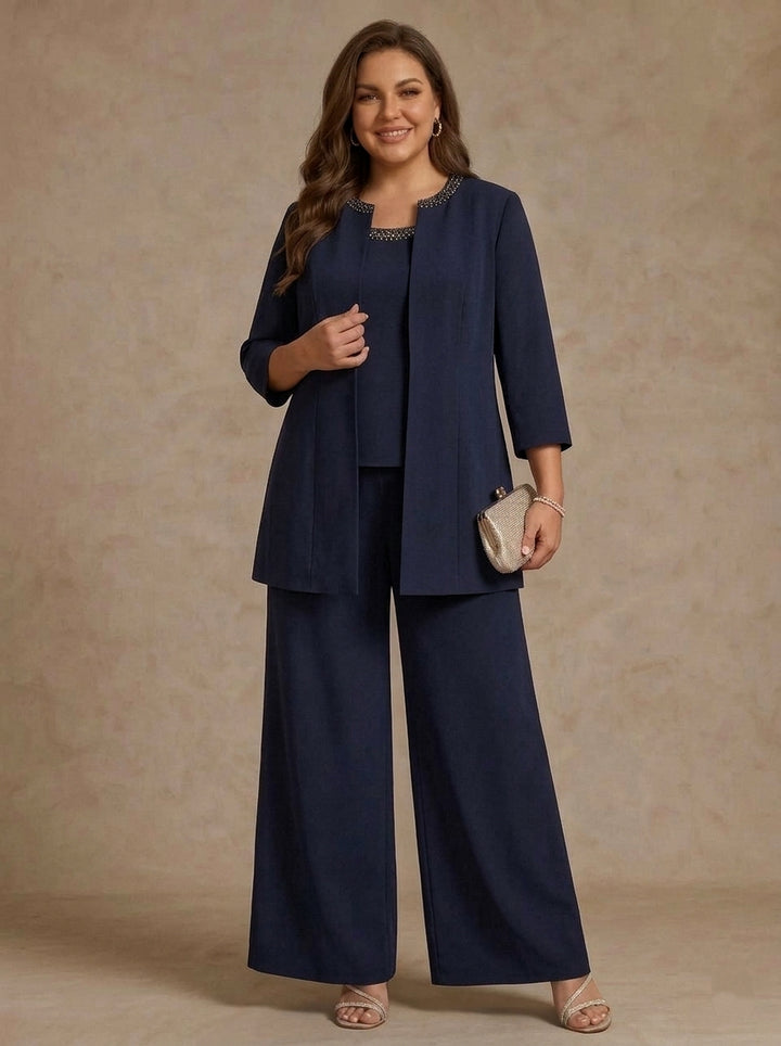 3 Pieces Scoop Chiffon Plus Size Mother of the Bride Pantsuit Ankle-Length 3/4 Sleeves&Sleeveless Rhinestones with Jacket