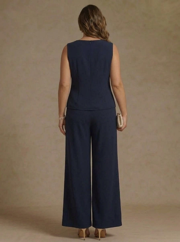 3 Pieces Scoop Chiffon Plus Size Mother of the Bride Pantsuit Ankle-Length 3/4 Sleeves&Sleeveless Rhinestones with Jacket