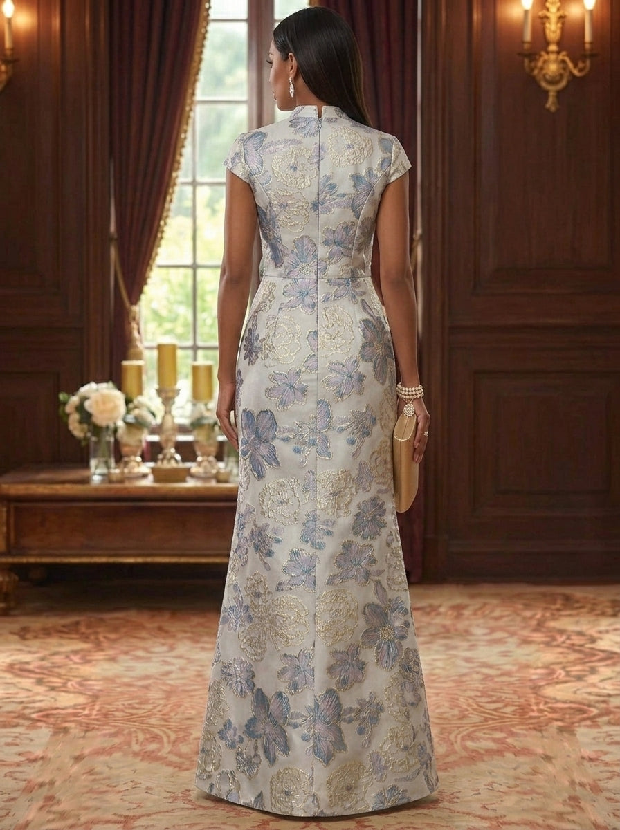A-Line/Princess V-Neck Jacquard Mother of the Bride Dresses Floor-Length Short Sleeves with 3D Flower&Split Side