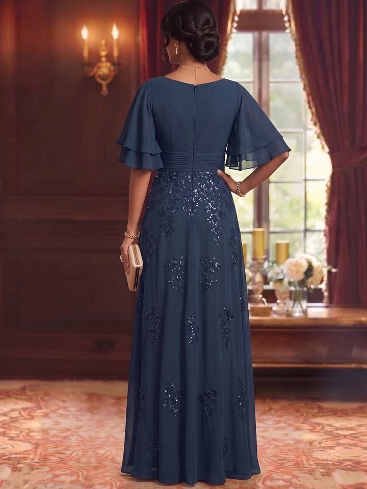 A-Line/Princess Scoop Chiffon Mother of the Bride Dresses Sequins Floor-Length Half Sleeves
